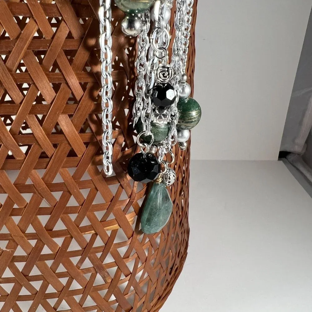 Elegant Silver Chain Tassel Keychain With Black & Green Beads Lobster Clasp Mult - Picture 5 of 5